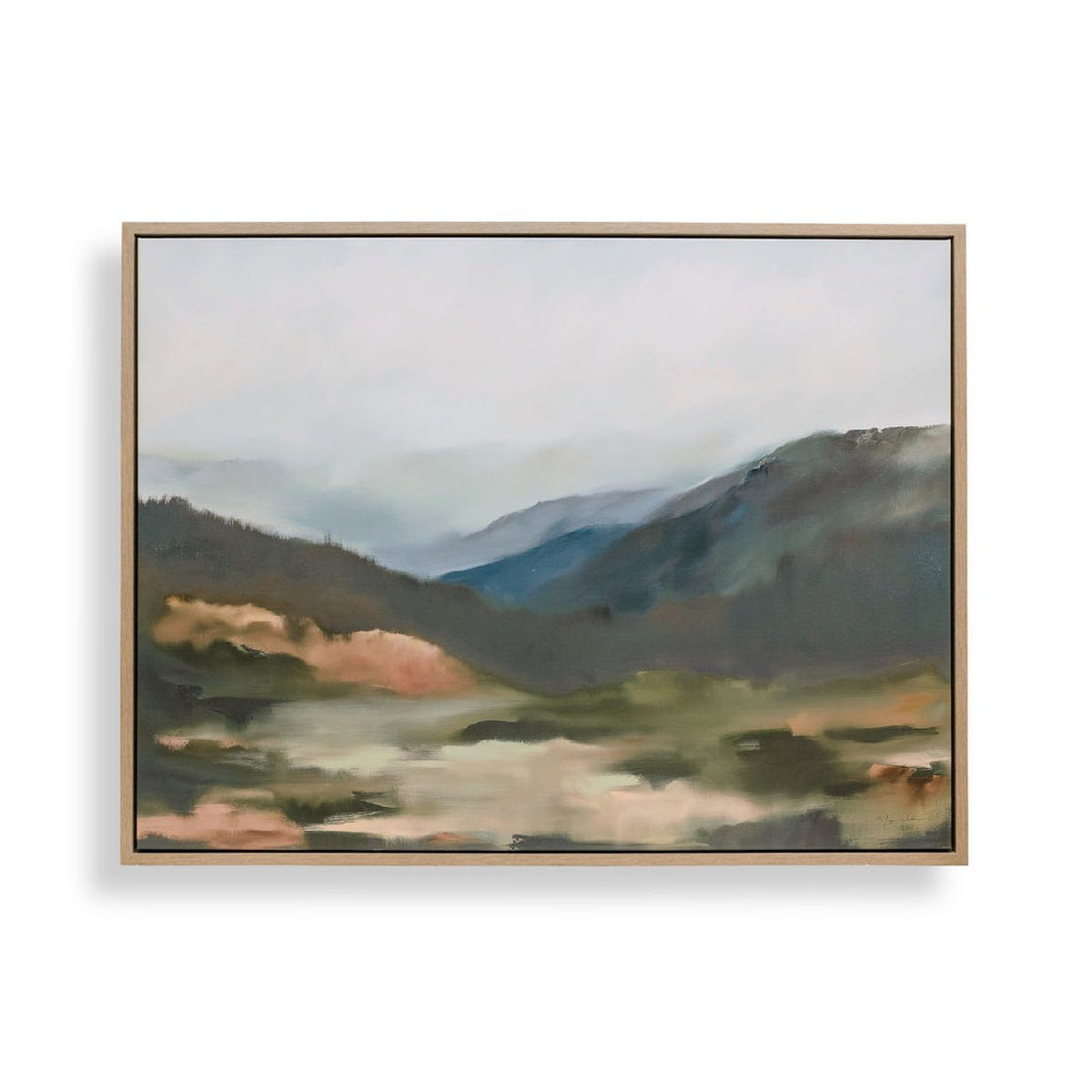 A framed landscape painting featuring misty mountains and a valley in muted tones of blue, green, brown, and beige, set against a clean white background.