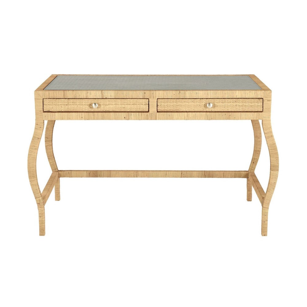 desk rattan wrapped glass top two drawer
