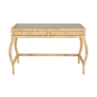 desk rattan wrapped glass top two drawer