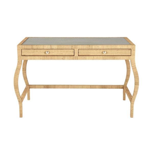 desk rattan wrapped glass top two drawer