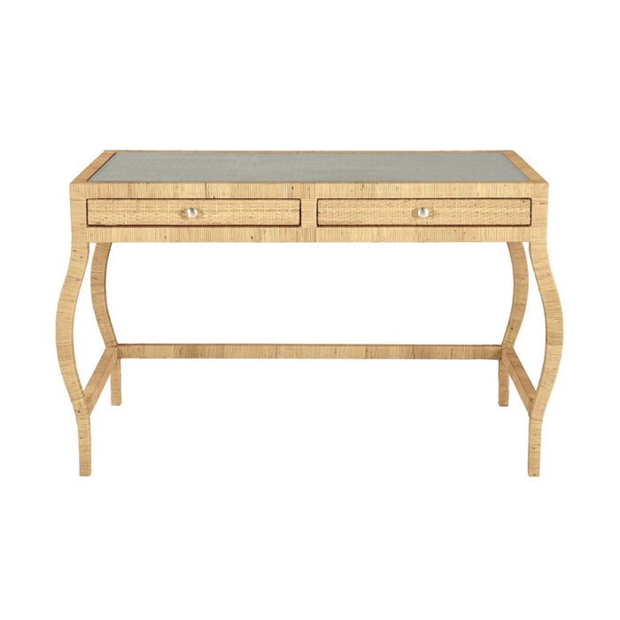 desk rattan wrapped glass top two drawer