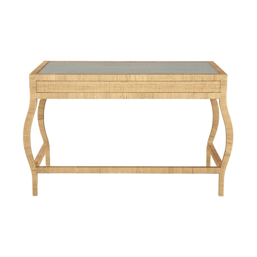 desk rattan wrapped glass top two drawer