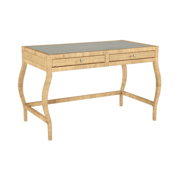desk rattan wrapped glass top two drawer