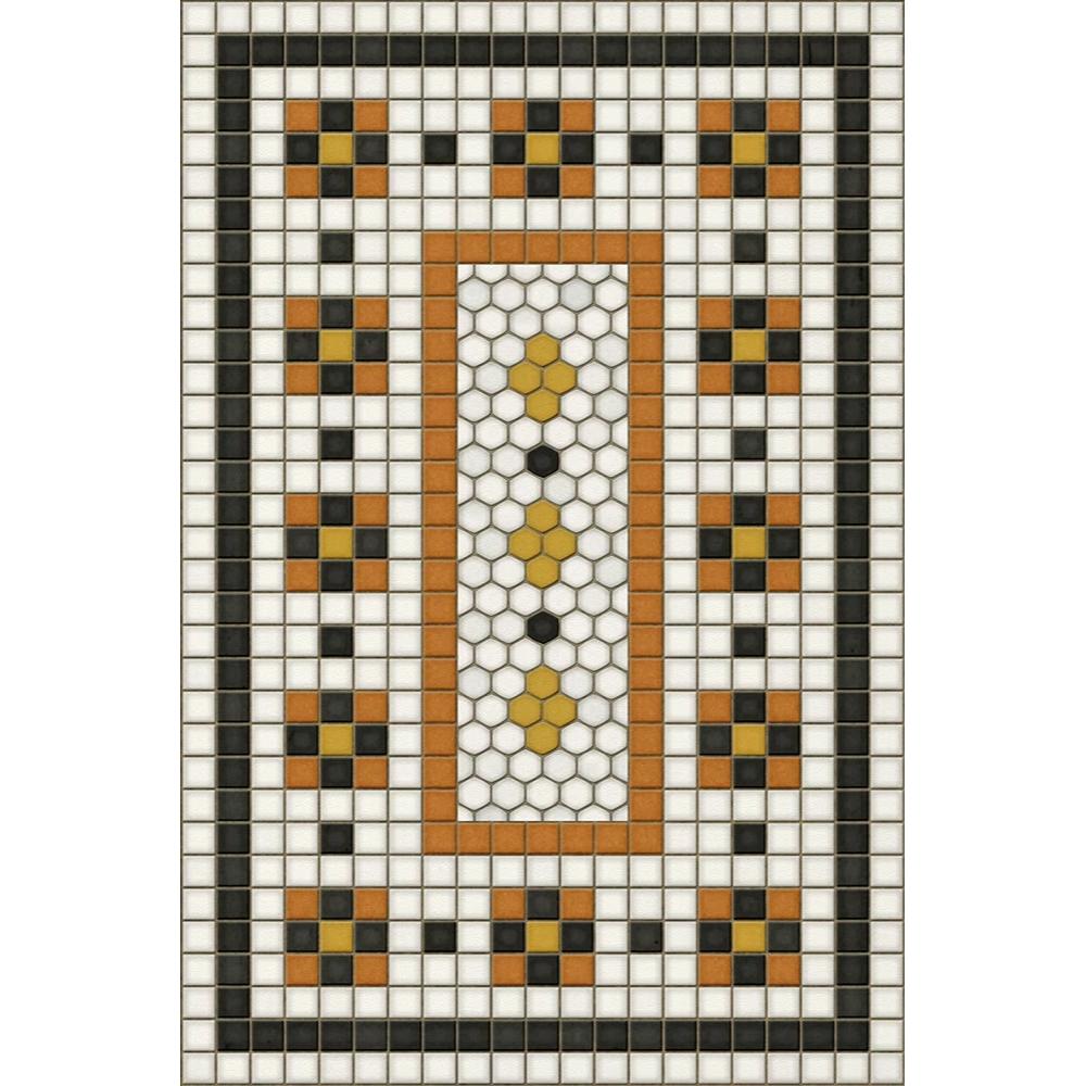 Spicher and Company’s Rawson Street Vinyl Floorcloth features geometric shapes in black, white, gold, and orange.