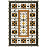 Spicher and Company’s Rawson Street Vinyl Floorcloth features geometric shapes in black, white, gold, and orange.