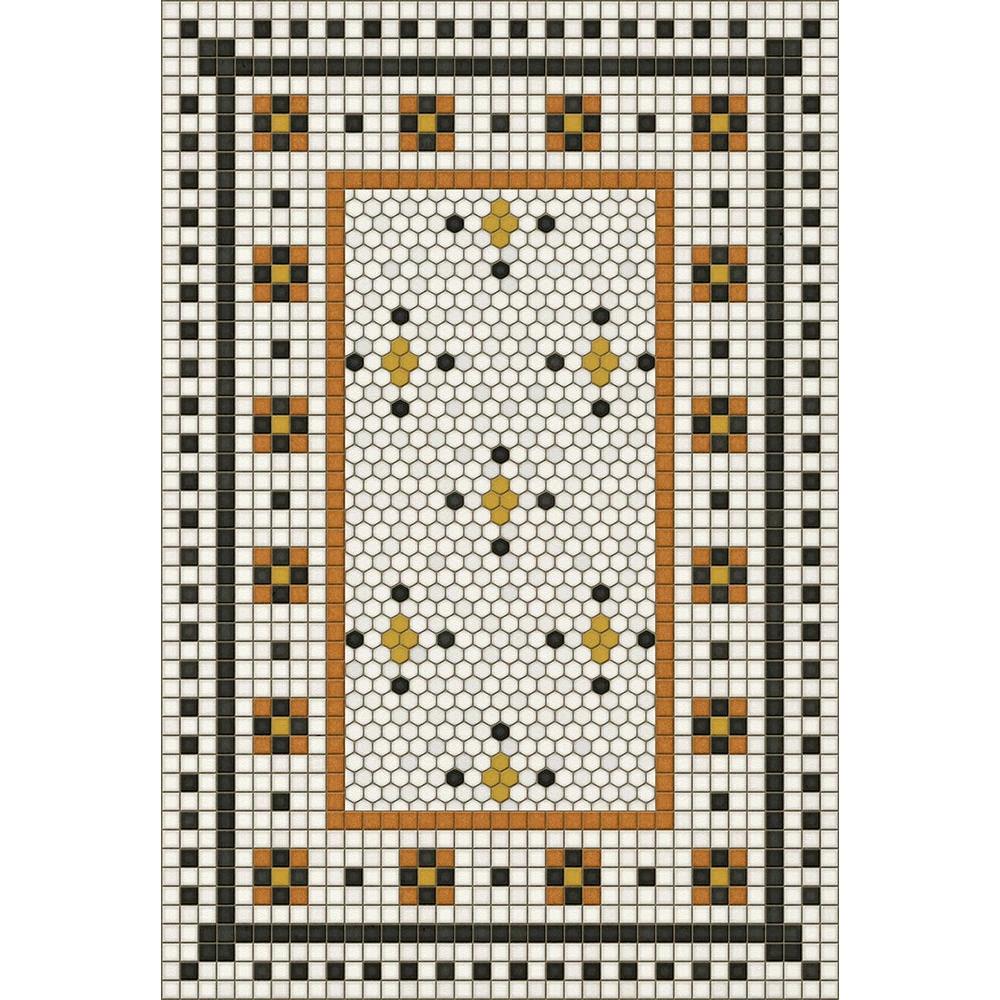 Rawson Street Vinyl Floorcloth by Spicher and Company features hexagonal and square mosaic accents in black, gold, and brown.