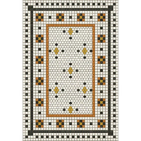 Rawson Street Vinyl Floorcloth by Spicher and Company features hexagonal and square mosaic accents in black, gold, and brown.