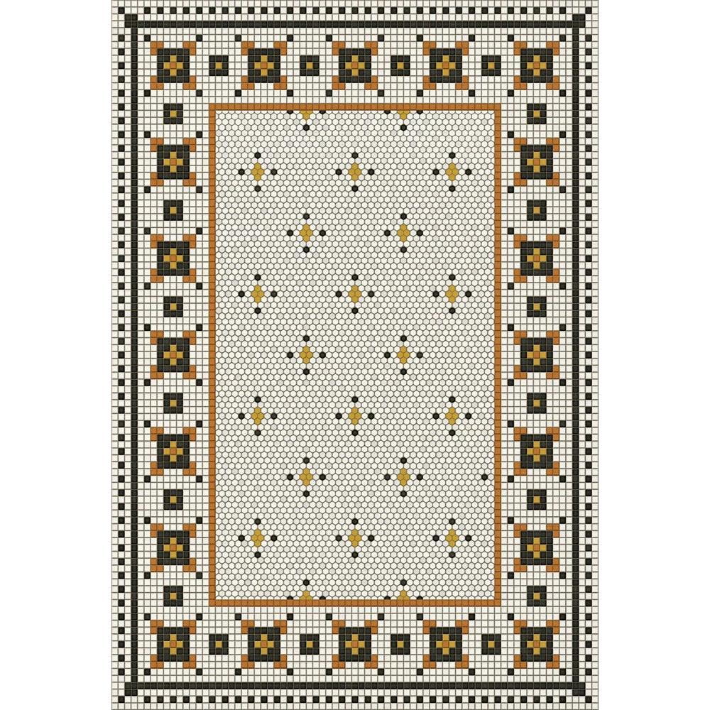 Spicher and Company Rawson Street Vinyl Floorcloth features black, gold, and white geometric mosaic patterns.
