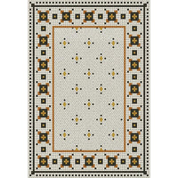 Spicher and Company Rawson Street Vinyl Floorcloth features black, gold, and white geometric mosaic patterns.