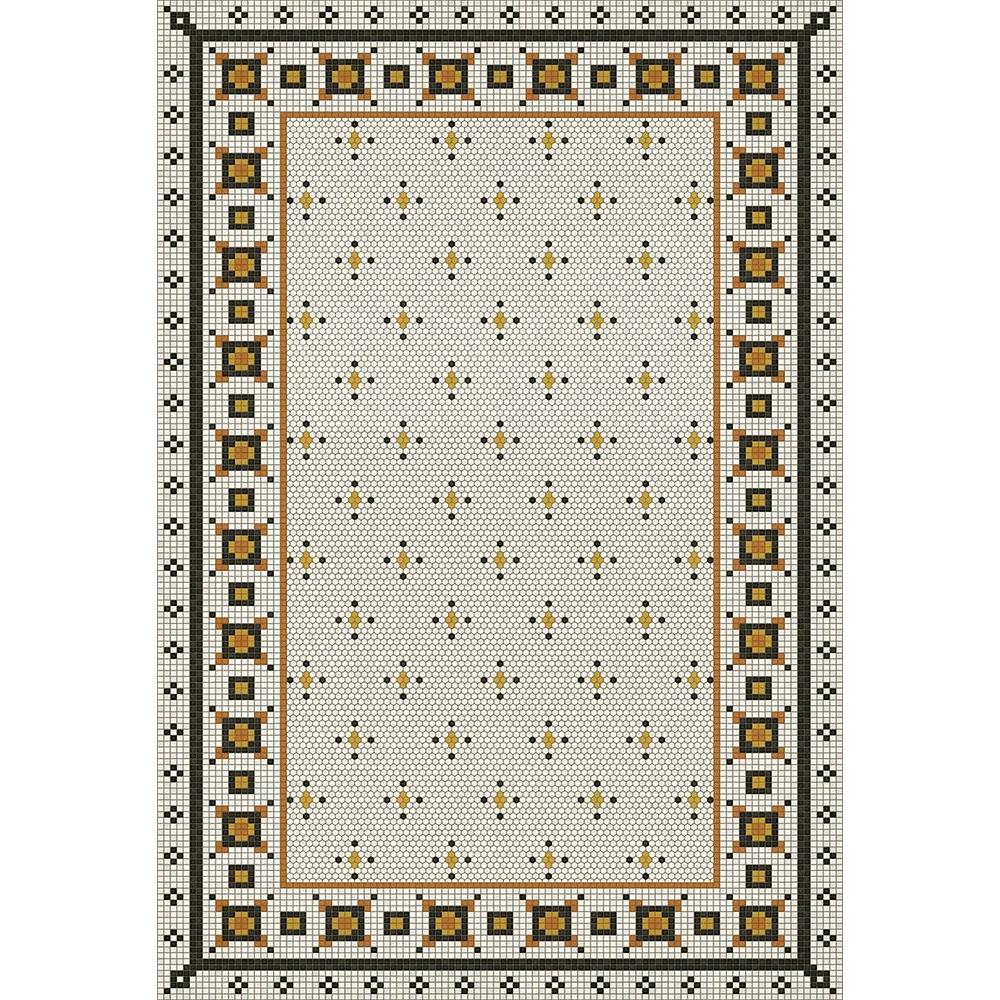 The Rawson Street Vinyl Floorcloth by Spicher and Company features a geometric border and diamond pattern in black, gold, and white.