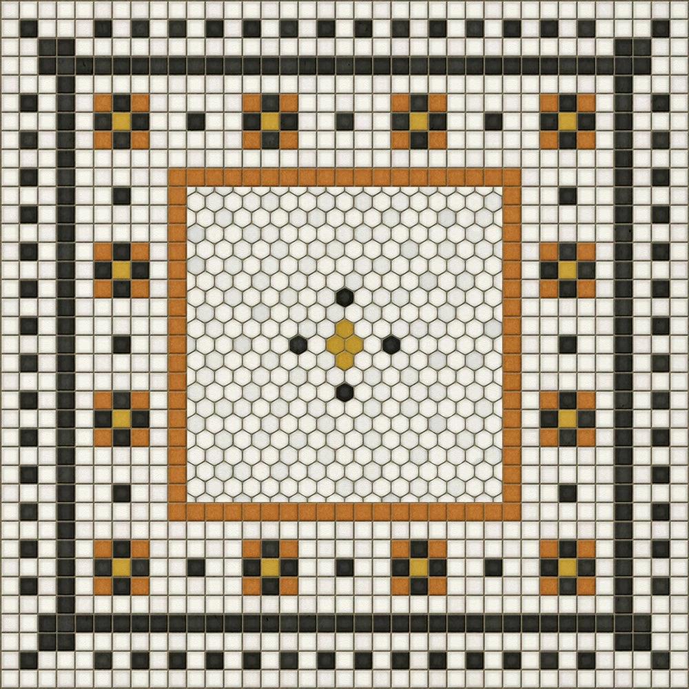 Spicher and Company's Rawson Street Vinyl Floorcloth features geometric black, white, orange & gold accents with a hexagon center.