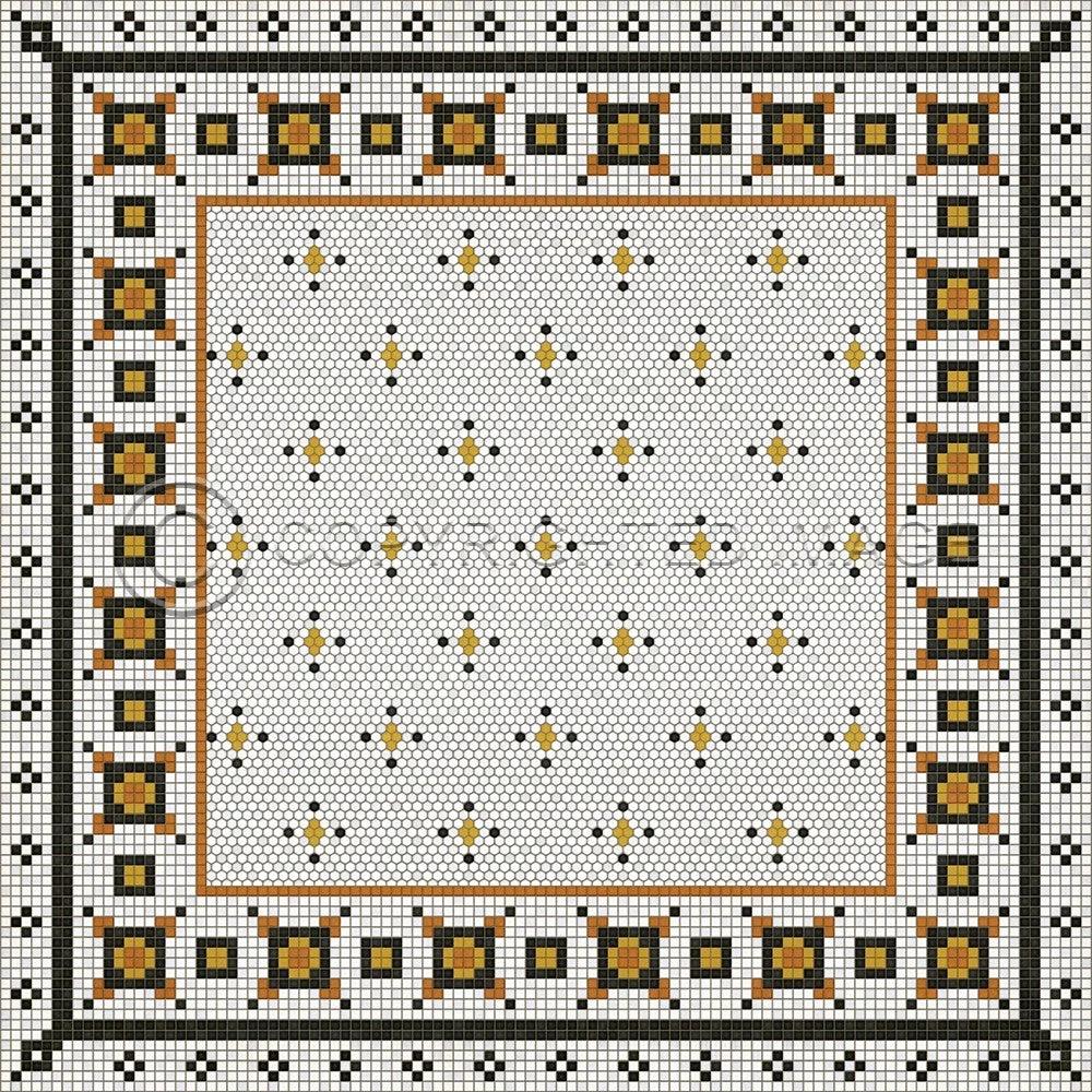 Rawson Street Vinyl Floorcloth by Spicher and Company; hexagonal mat with yellow, black, white border and dotted center.