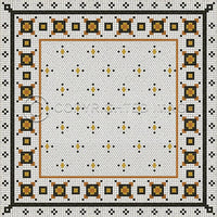Rawson Street Vinyl Floorcloth by Spicher and Company; hexagonal mat with yellow, black, white border and dotted center.
