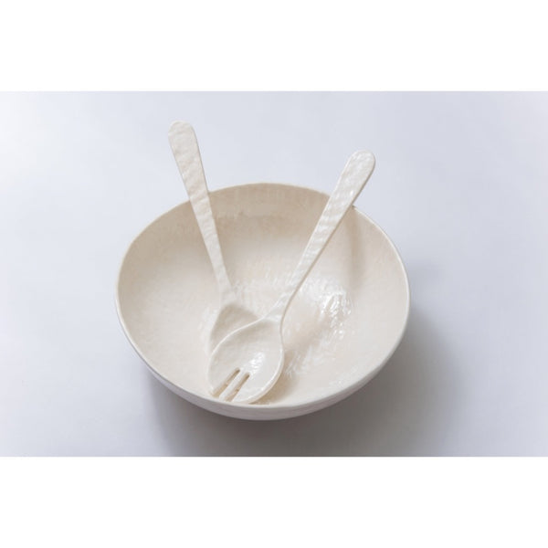 Always Relish Weave Cream Melamine Serving Bowls (set of 2) with matching spoon and fork on a white surface.