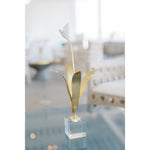 antique gold leaf iron crystal square base white tulip sculpture