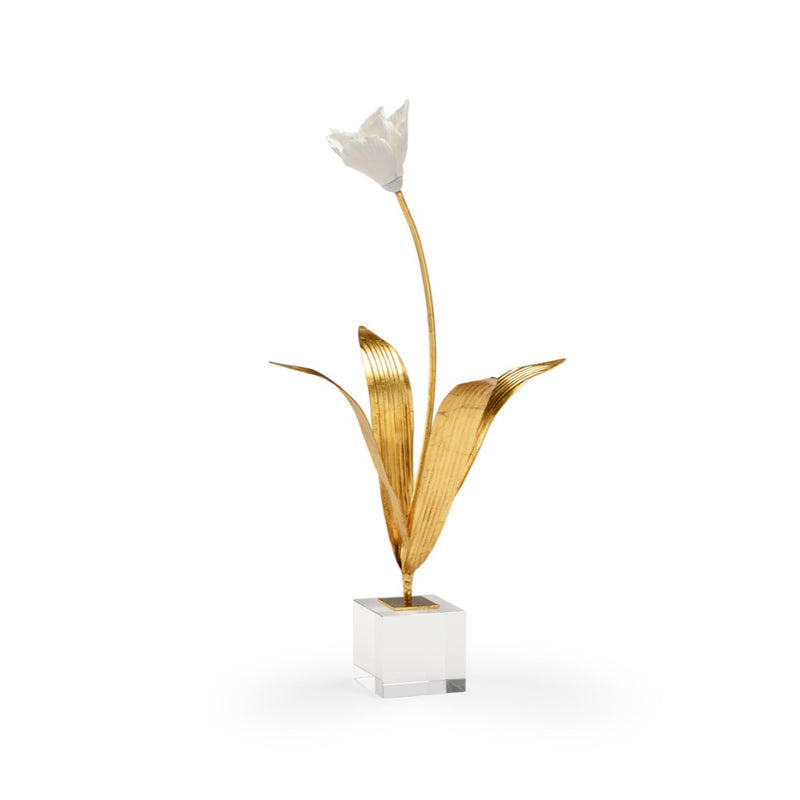 antique gold leaf iron crystal square base white tulip sculpture