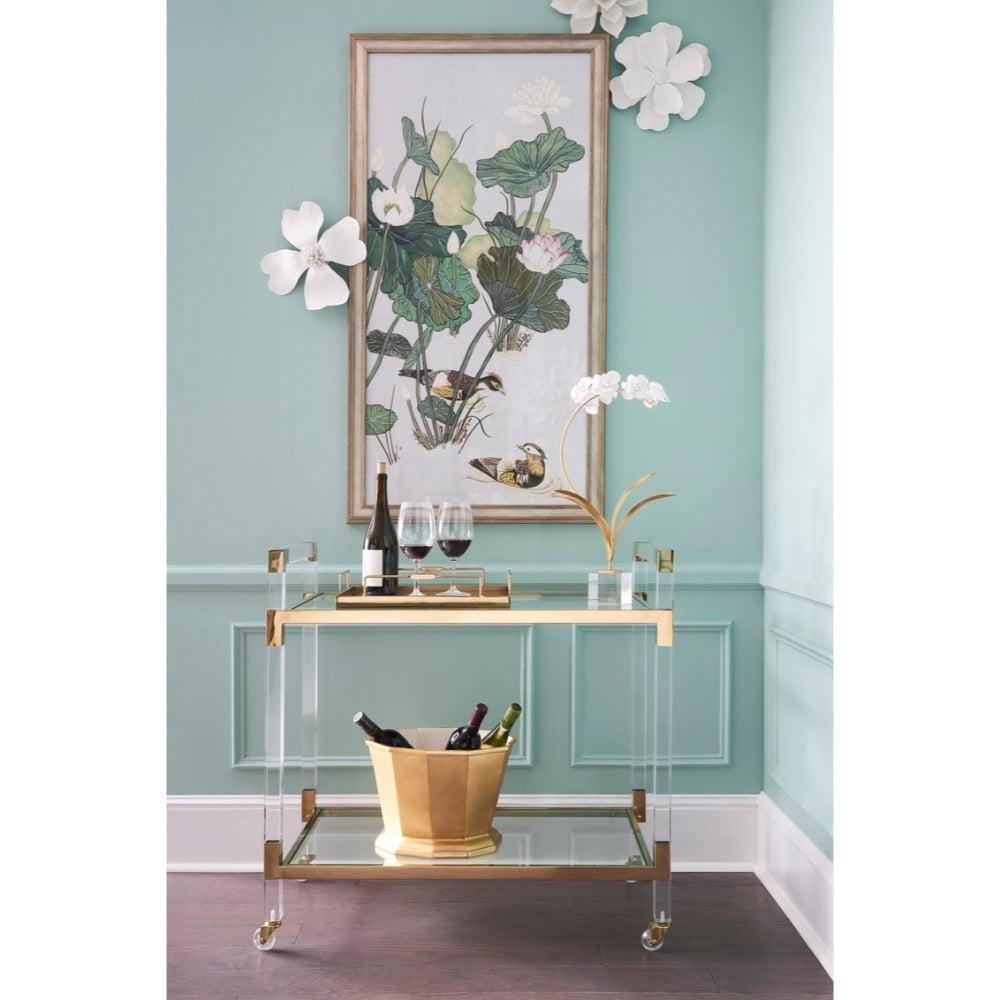 bar cart acrylic tempered glass brass details shelves wheels