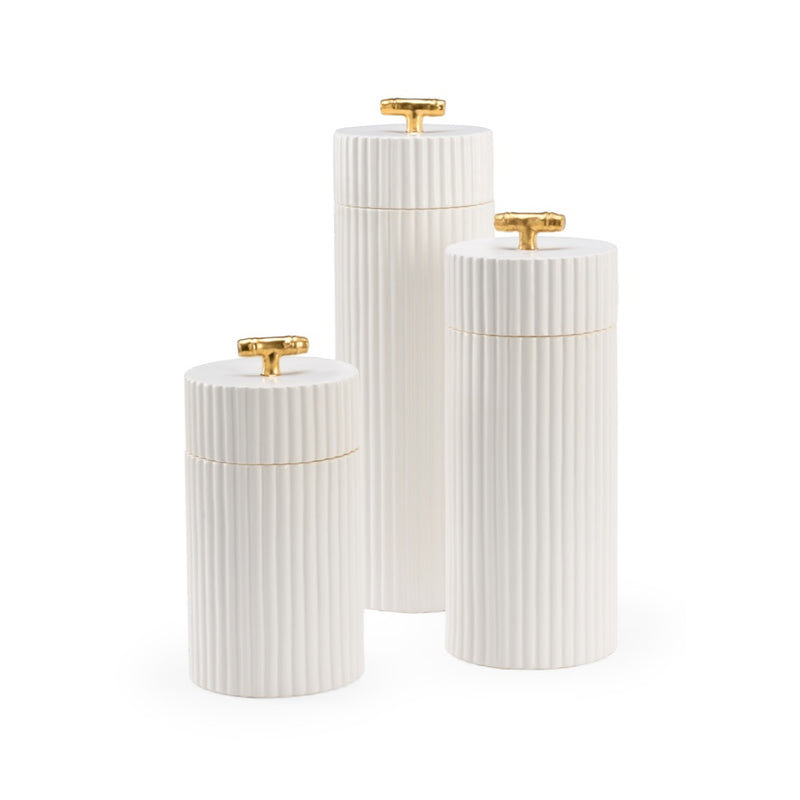 white ceramic cylinders gold bamboo handles set of three 