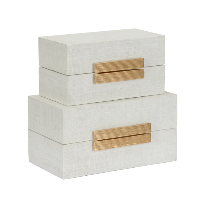 white gold leaf raffia wood decor box set 