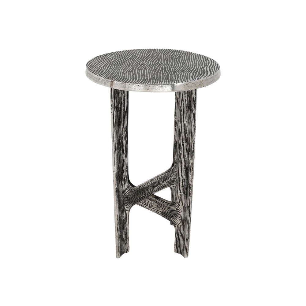 A round accent side table with a textured, wavy wood-grain top and a sculptural, branch-like base in a weathered gray finish, shown against a plain white background.