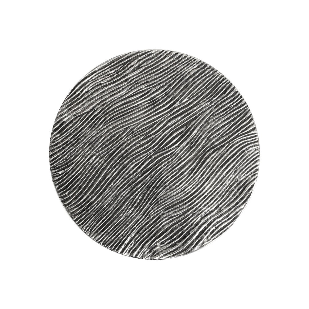 Top view of accent table with a textured, distressed gray and white wood grain finish, shown against a plain white background. 