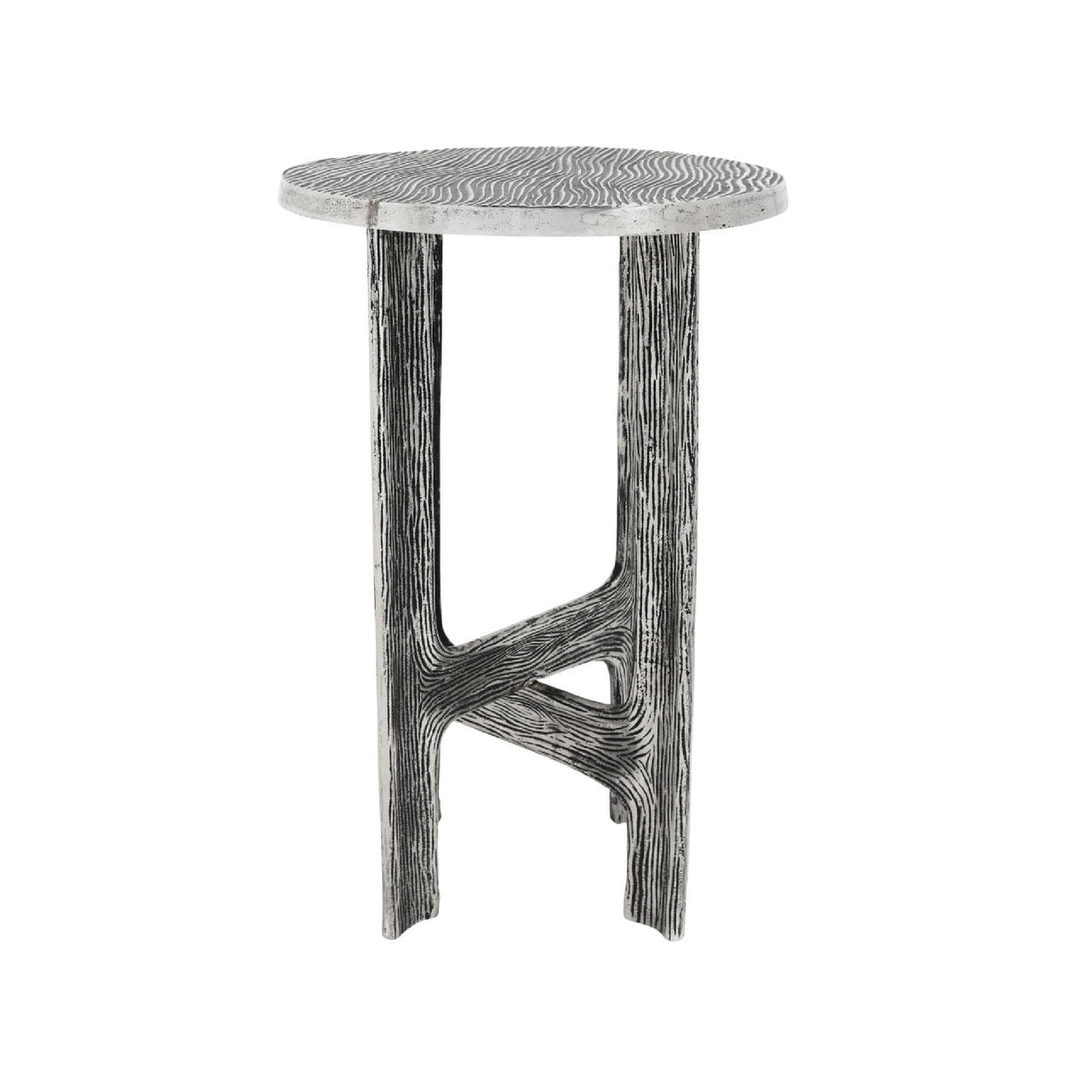 A round side table with a textured gray top and a sculptural, branch-like base in dark gray and black, shown on a plain white background.