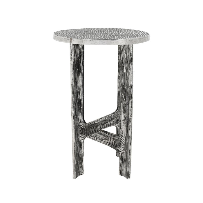 A round side table with a textured gray top and a sculptural, branch-like base in dark gray and black, shown on a plain white background.