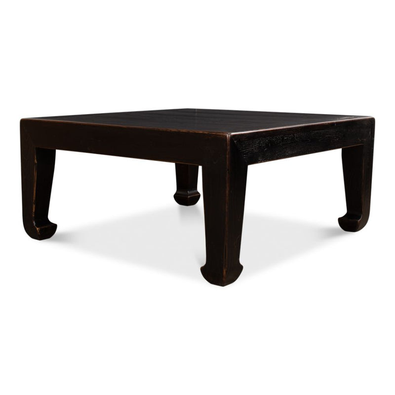 square coffee table reclaimed wood ebony finish Asian style legs