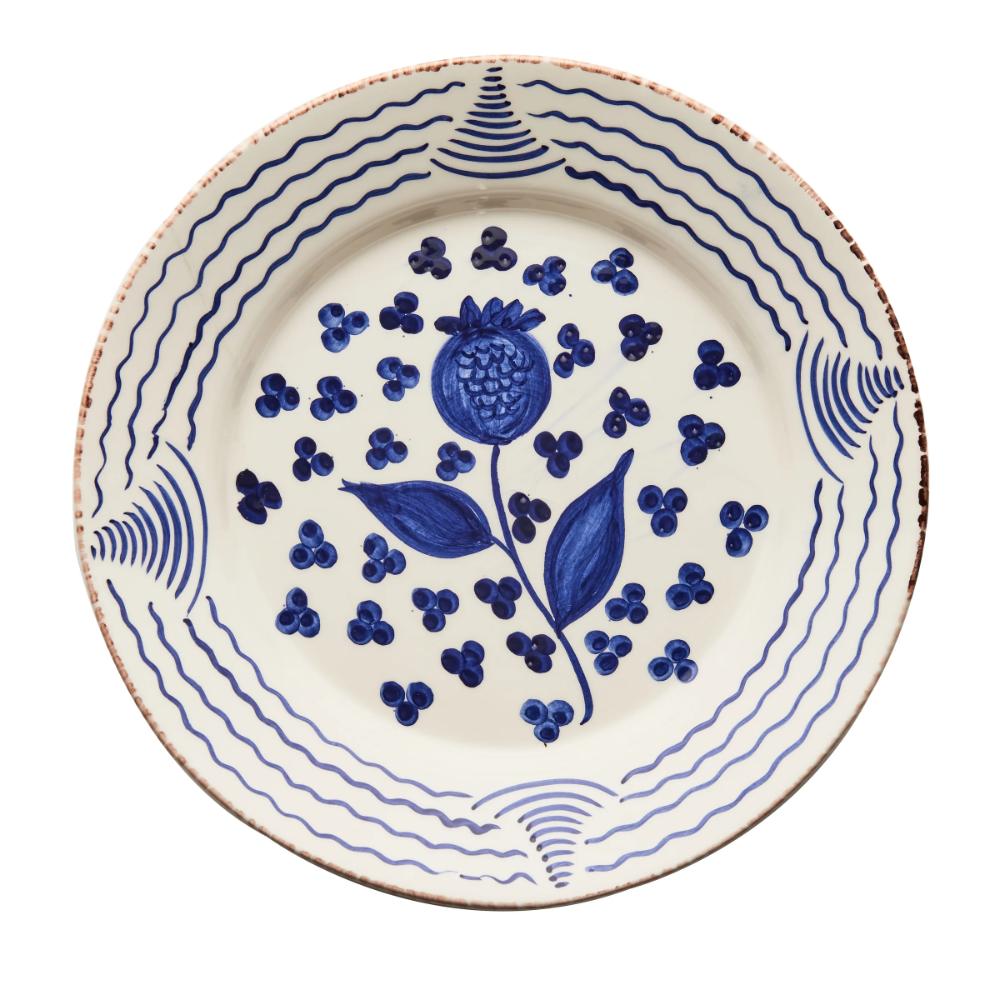 Casa Nuno Blue Pomegranate Dinner Plates (set of 2) by Abigails feature blue floral and berry designs on white.