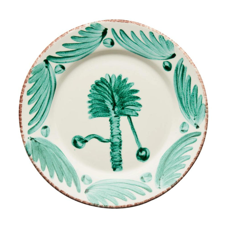 Abigails Casa Nuno Green Palm Dinner Plates (set of 2) feature hand painted Majolica style with palm leaves and an abstract motif.
