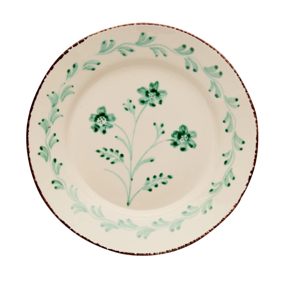 Set of 2 Casa Nuno Green Flower Dinner Plates by Abigails, cream with green floral design and rustic brown rim.