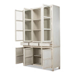 bookcase cabinet wood distressed antique white glass doors drawers lower doors