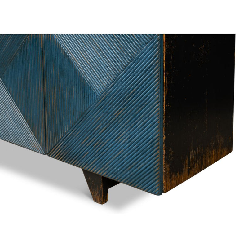 cabinet 4 doors geometric carved dark blue dark stained distressed 4 feet interior shelves