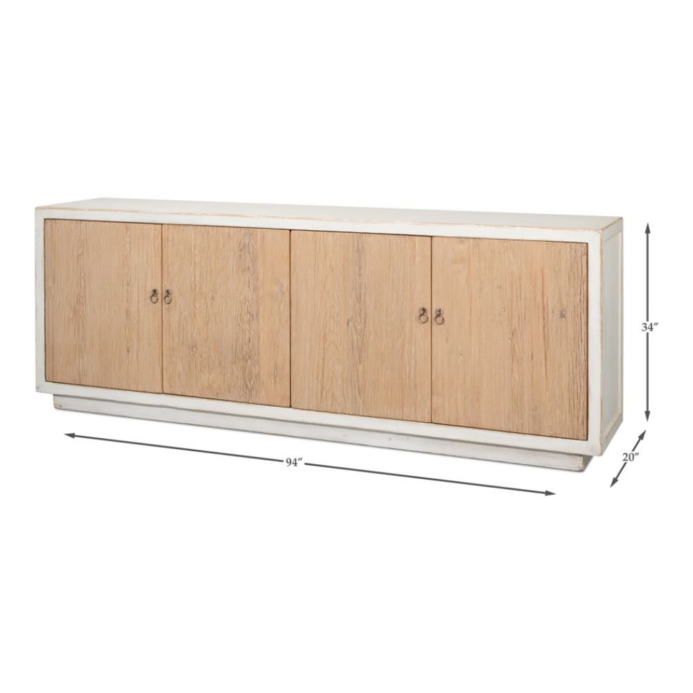 cabinet 4-doors white washed natural pine wood long transitional storage interior shelf