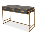 desk black grey shagreen leather three drawers antiqued brass iron frame hardware