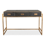 desk black grey shagreen leather three drawers antiqued brass iron frame hardware