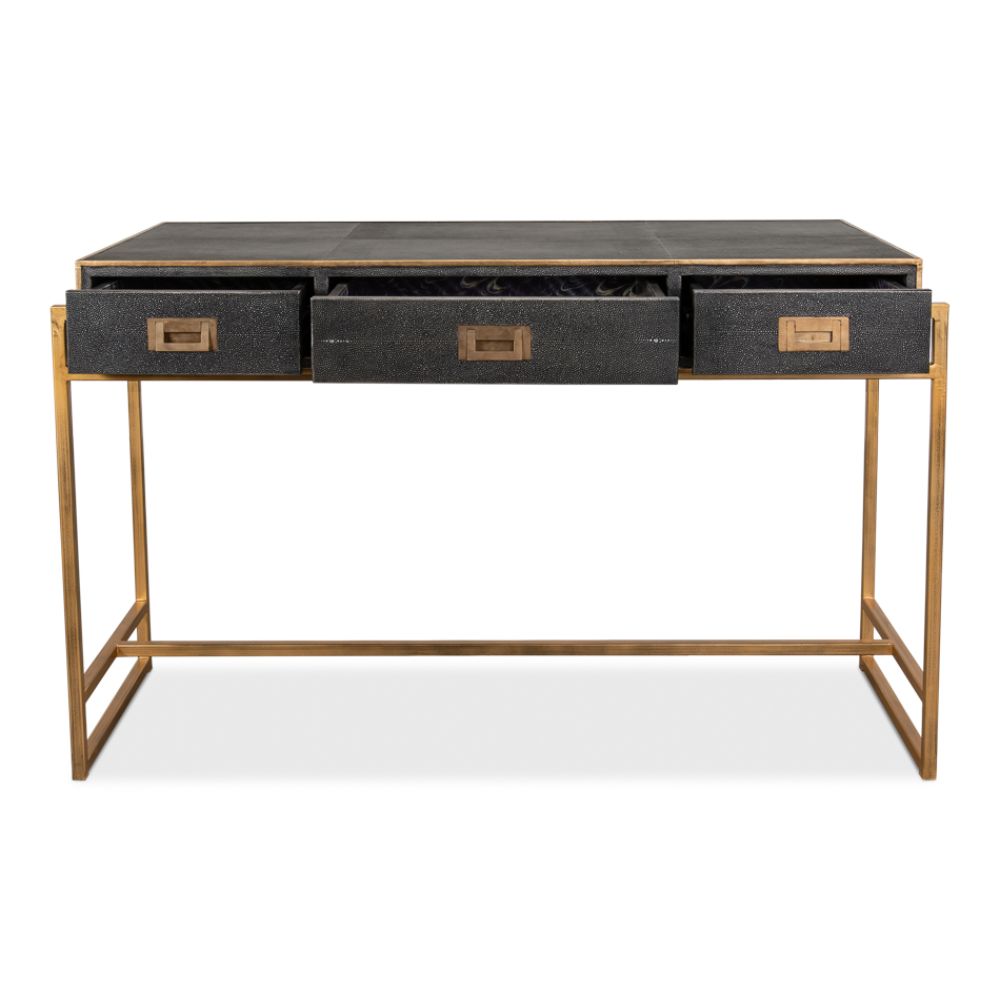 desk black grey shagreen leather three drawers antiqued brass iron frame hardware