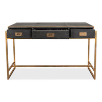 desk black grey shagreen leather three drawers antiqued brass iron frame hardware