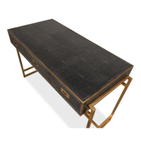 desk black grey shagreen leather three drawers antiqued brass iron frame hardware