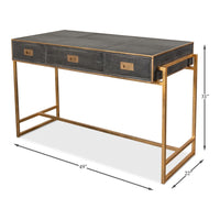 desk black grey shagreen leather three drawers antiqued brass iron frame hardware