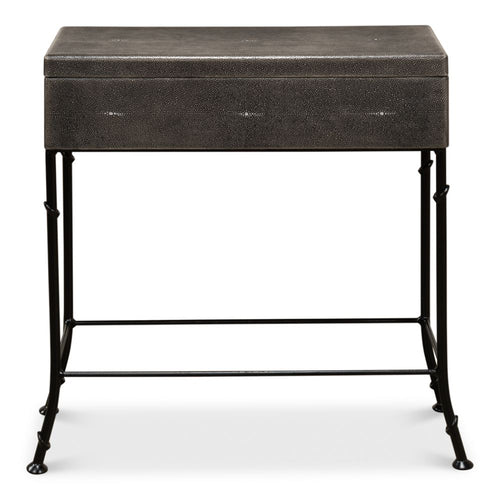 grey leather shagreen box black iron stand marbleized paper interior