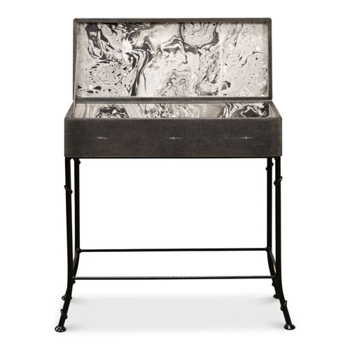 grey leather shagreen box black iron stand marbleized paper interior