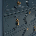 rectangular molded chest navy finish five drawers 17th century inspired oak solids