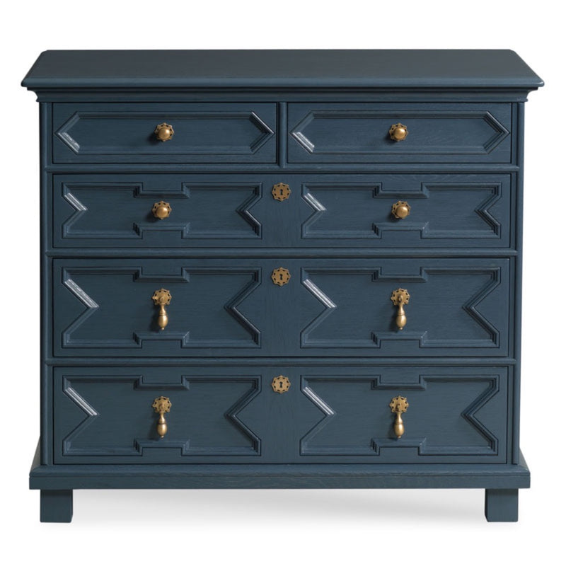 rectangular molded chest navy finish five drawers 17th century inspired oak solids