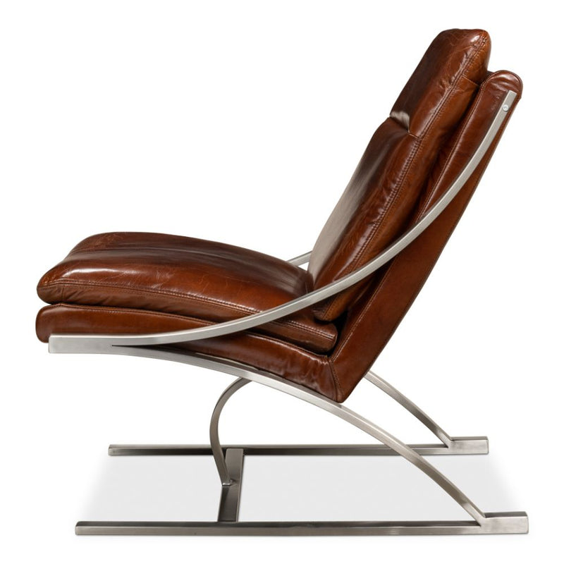 brown cigar leather padded chair silver brushed stainless frame contemporary