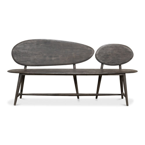 dark grey contemporary wood bench splayed legs two oval backs
