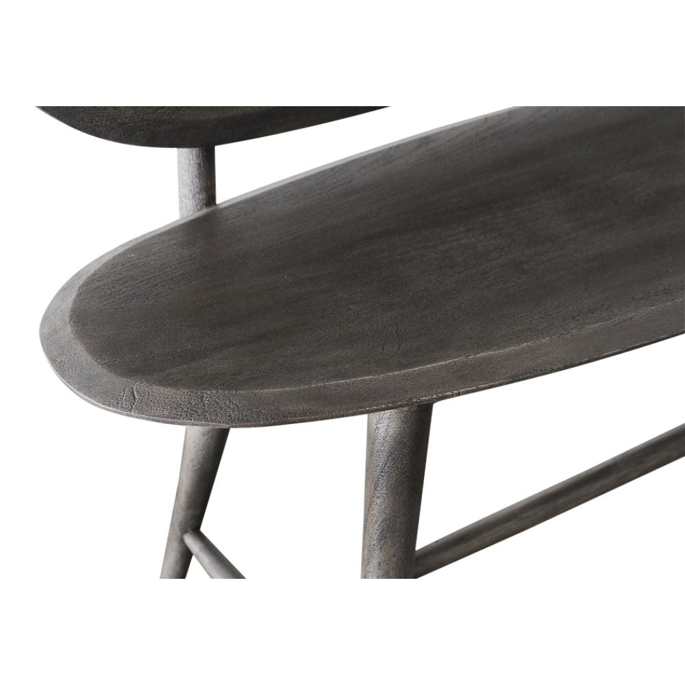 dark grey contemporary wood bench splayed legs two oval backs