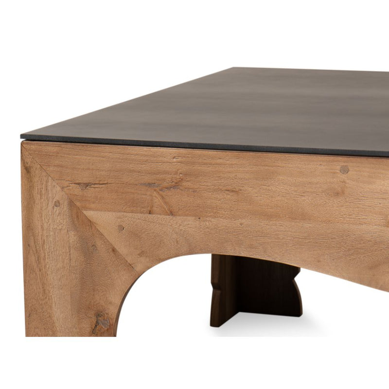 carved wood base coffee table steel top