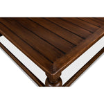 square coffee table baluster legs scalloped apron large dark brown finish wood