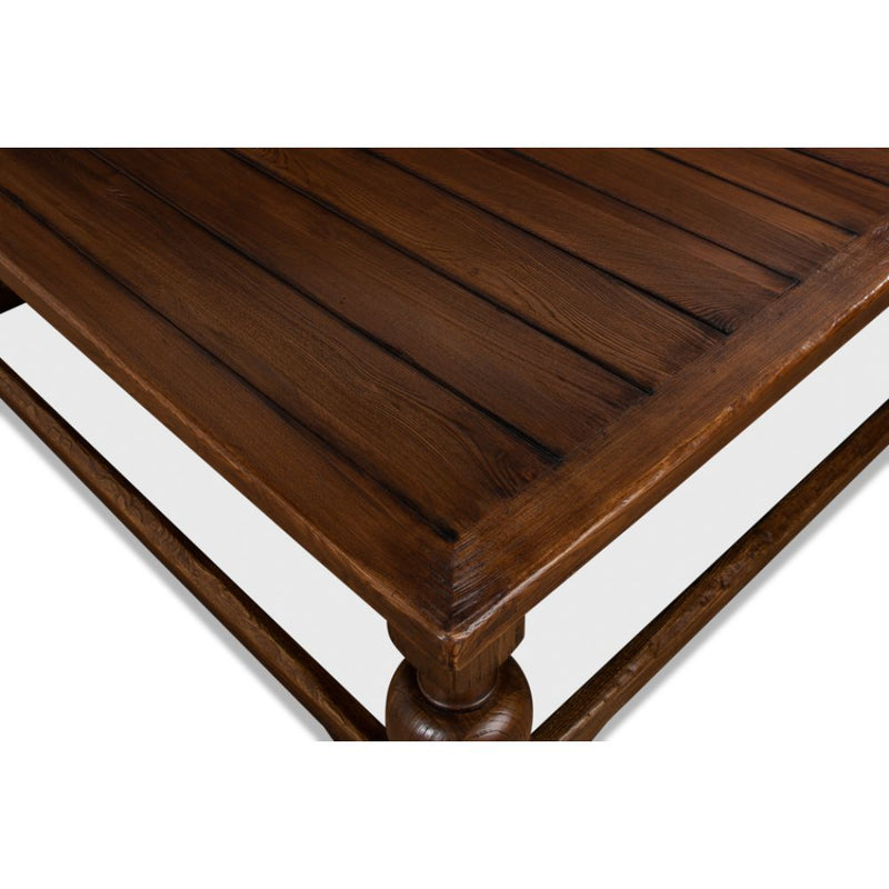 square coffee table baluster legs scalloped apron large dark brown finish wood